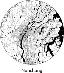 Minimal City Map of Nanchang (China, Asia) black white vector illustration