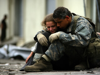 A compassionate soldier extends support to a distraught civilian in a time of distress.