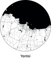 Minimal City Map of Yantai (China, Asia) black white vector illustration