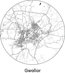 Minimal City Map of Gwalior (India, Asia) black white vector illustration