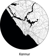 Minimal City Map of Kannur (India, Asia) black white vector illustration