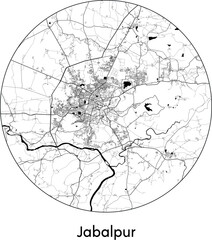 Minimal City Map of Jabalpur (India, Asia) black white vector illustration