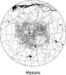 Minimal City Map of Mysuru (India, Asia) black white vector illustration