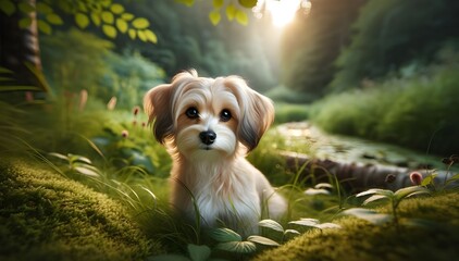 Portrait adorable d'un petit chien blanc et brun, un chiot de race, mammifère charmant et joli, parfait comme animal de compagnie. - obrazy, fototapety, plakaty