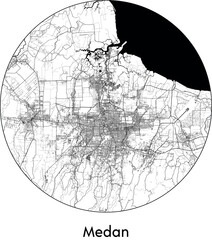 Minimal City Map of Medan (Indonesia, Asia) black white vector illustration