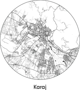 Minimal City Map of Karaj (Iran, Asia) black white vector illustration
