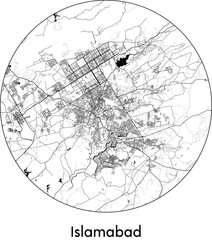 Minimal City Map of Islamabad (Pakistan, Asia) black white vector illustration