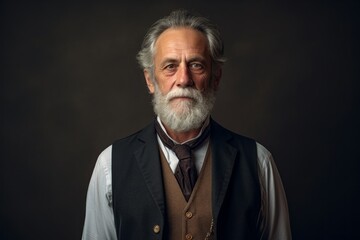 Portrait of a blissful man in his 70s dressed in a polished vest against a minimalist or empty room background. AI Generation