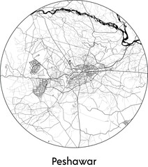 Minimal City Map of Peshawar (Pakistan, Asia) black white vector illustration