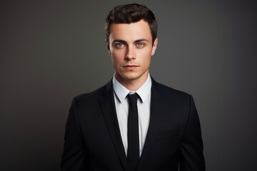 Portrait of a content man in his 20s wearing a professional suit jacket against a minimalist or empty room background. AI Generation