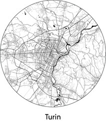 Minimal City Map of Turin (Italy, Europe) black white vector illustration
