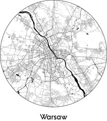 Minimal City Map of Warsaw (Poland, Europe) black white vector illustration