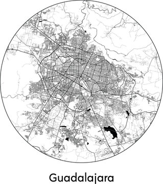 Minimal City Map of Guadalajara (Mexico, North America) black white vector illustration