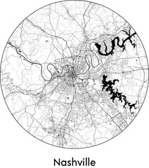 Minimal City Map of Nashville (United States, North America) black white vector illustration