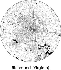 Minimal City Map of Richmond Virginia (United States, North America) black white vector illustration