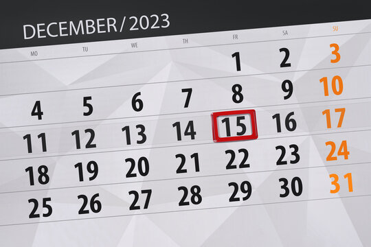 Calendar 2023, deadline, day, month, page, organizer, date, December, friday, number 15