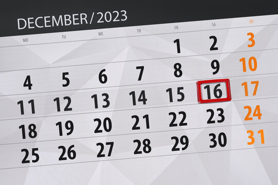 Calendar 2023, deadline, day, month, page, organizer, date, December, saturday, number 16