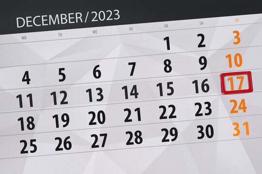 Calendar 2023, deadline, day, month, page, organizer, date, December, sunday, number 17
