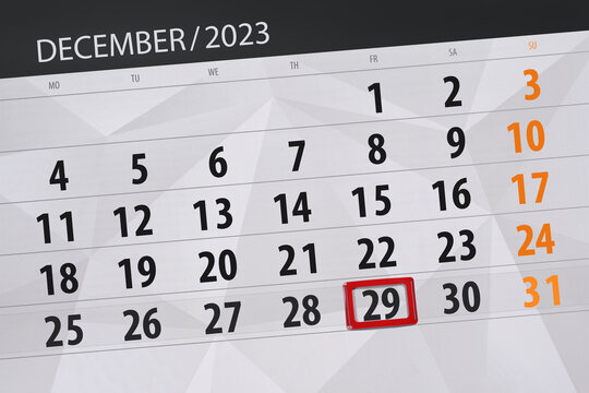 Calendar 2023, deadline, day, month, page, organizer, date, December, friday, number 29