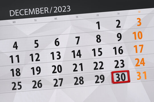 Calendar 2023, deadline, day, month, page, organizer, date, December, saturday, number 30