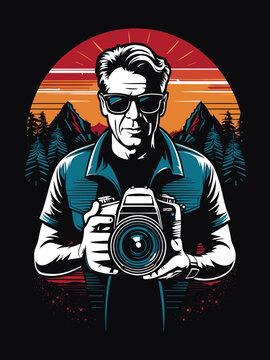 man with a camera _ person with camera _ retro and vintage t-shirt design _ black t-shirt design _ vector illustration 