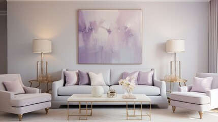 A minimalist living room in soft lavender, featuring sleek furniture and subtle metallic accents. The room radiates a sense of calm and elegance, creating a perfect retreat for relaxation.