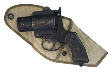 Detail of an old WWII flare gun on white background
