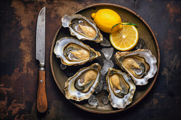 Fresh oysters with lemon and ice on dark background, top view