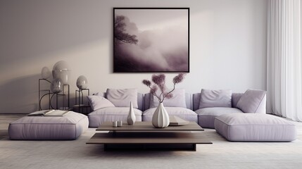 A minimalist living room in soft lavender gray, featuring sleek furniture and subtle textures. The room is a blend of modernity and comfort, offering a cozy space for relaxation.