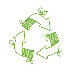 A recycling symbol, hand-drawn in a doodle style. The concept of saving the planet and energy.	
