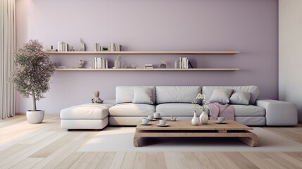 A minimalist living room in soft lavender gray, featuring sleek furniture and subtle textures. The room is a blend of modernity and comfort, offering a cozy space for relaxation.