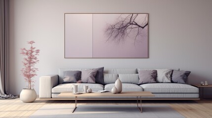 Fototapeta na wymiar A minimalist living room in soft lavender gray, featuring sleek furniture and subtle textures. The room is a blend of modernity and comfort, offering a cozy space for relaxation.