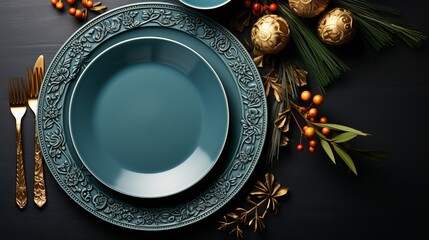 Christmas table with a dark blue plate, candles and fir branches. Concept: festive New Year's feast atmosphere. Table setting. Banner with copy space