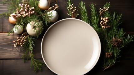 Obraz na płótnie Canvas Christmas table with beige plate, candles and fir branches. Concept: festive New Year's feast atmosphere. Table setting. Banner with copy space