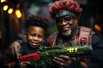 black grandmother and grandson play fictional fantasy intergalactic wars, grandmother plays interesting games for her grandson - the coolest grandmother in the world for her grandson