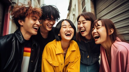 Young Asians laughing and hugging, enjoying together on a city street.