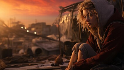 Fototapeta premium A young woman with blond hair in a hood looks into the distance, sitting in a desolate urban environment at sunset.