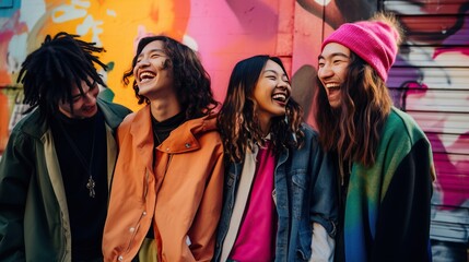 Young Asians in vibrant streetwear smiling happily against a graffiti backdrop.