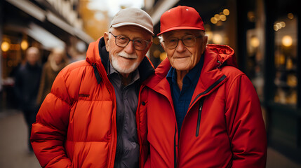 two fashionable older men in bright clothes, gay grandfathers in bright clothes looking young - obrazy, fototapety, plakaty