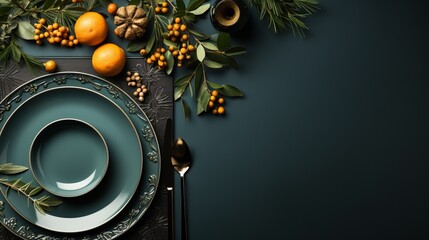 Christmas table with a dark blue plate, candles and fir branches. Concept: festive New Year's feast atmosphere. Table setting. Banner with copy space - Powered by Adobe