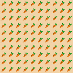 Seamless background of cute carrot cartoon pattern with bright orange color. Minimalist hand-drawn style for design, tailoring, book covers, and printing.