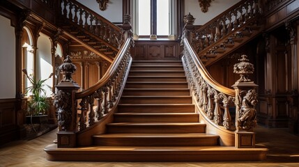 A wooden staircase with ornate railings in an old mansion.
