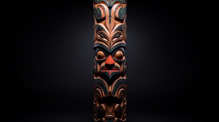 A wooden totem pole carved with intricate patterns. - obrazy, fototapety, plakaty