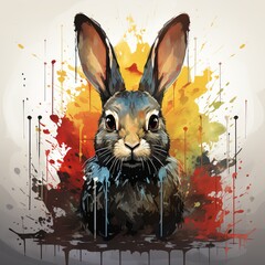 A bright illustration of a rabbit with watercolor elements, suitable for the Easter holidays. Concept: design of cards, posters and creative projects.

