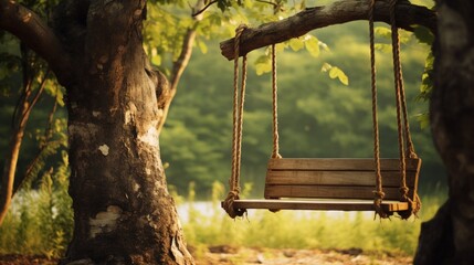 A wooden swing hanging from a sturdy tree branch. - obrazy, fototapety, plakaty