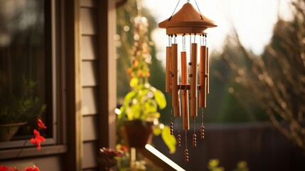 A wooden windchime hanging from a porch in the breeze.