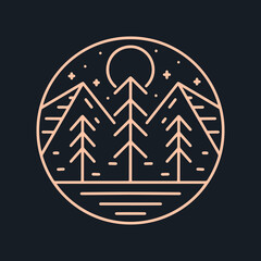The mountain and nature trees one color monoline vector illustration for badge, sticker, t shirt design and outdoor design