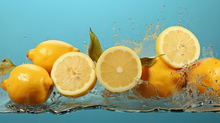 Lemon covered with splashes of juice and water, dynamic and bright yellow citrus with visual effect, banner and neutral background with copy space. Fruit illustration - obrazy, fototapety, plakaty