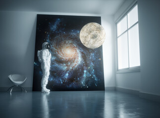 Man in spacesuit, astronaut. Portal to the unknown. In search of new stars and galaxies.