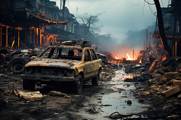 A haunting view of a burned-out car with a backdrop of smoldering destruction and abandoned ruins reflecting a disaster aftermath.
